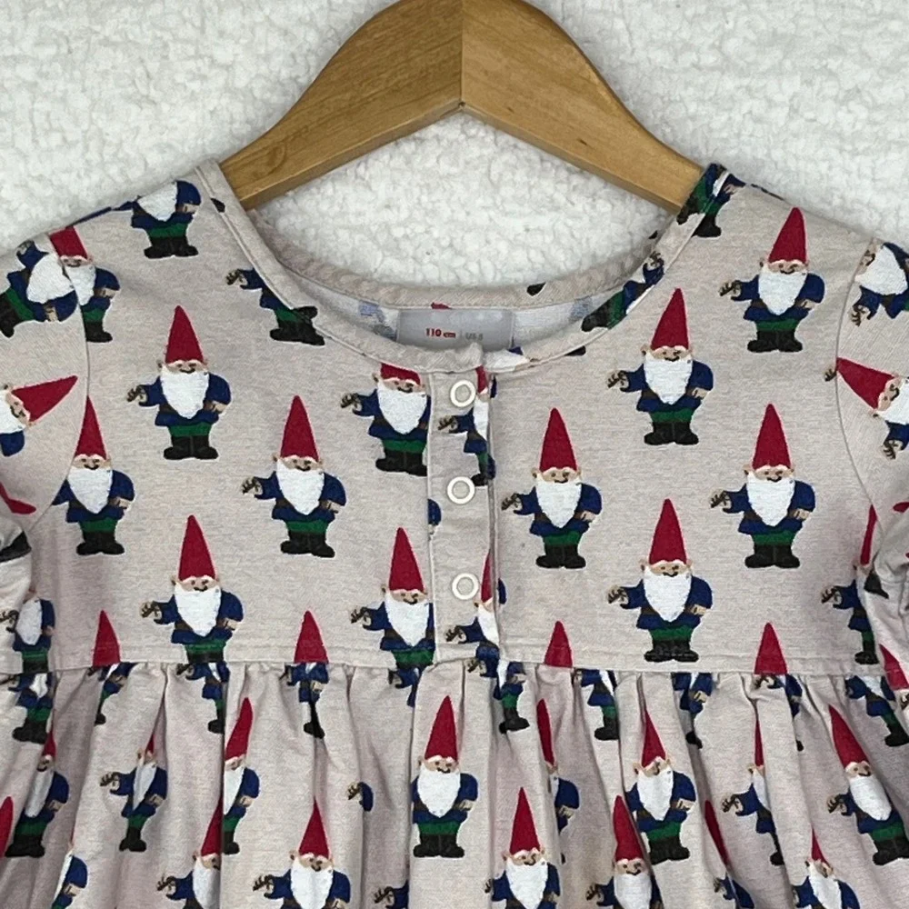 Hanna Andersson Kids Gnome Print Long Sleeve Ruffle Hem Dress Tan Size 110 US 5